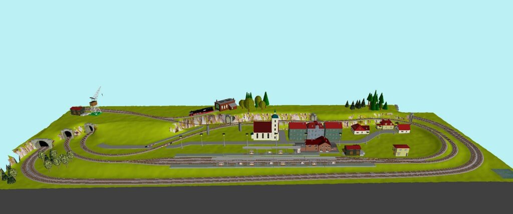Gleisplan Spur N mit Peco Code 55 Gleis - Überblick in 3D